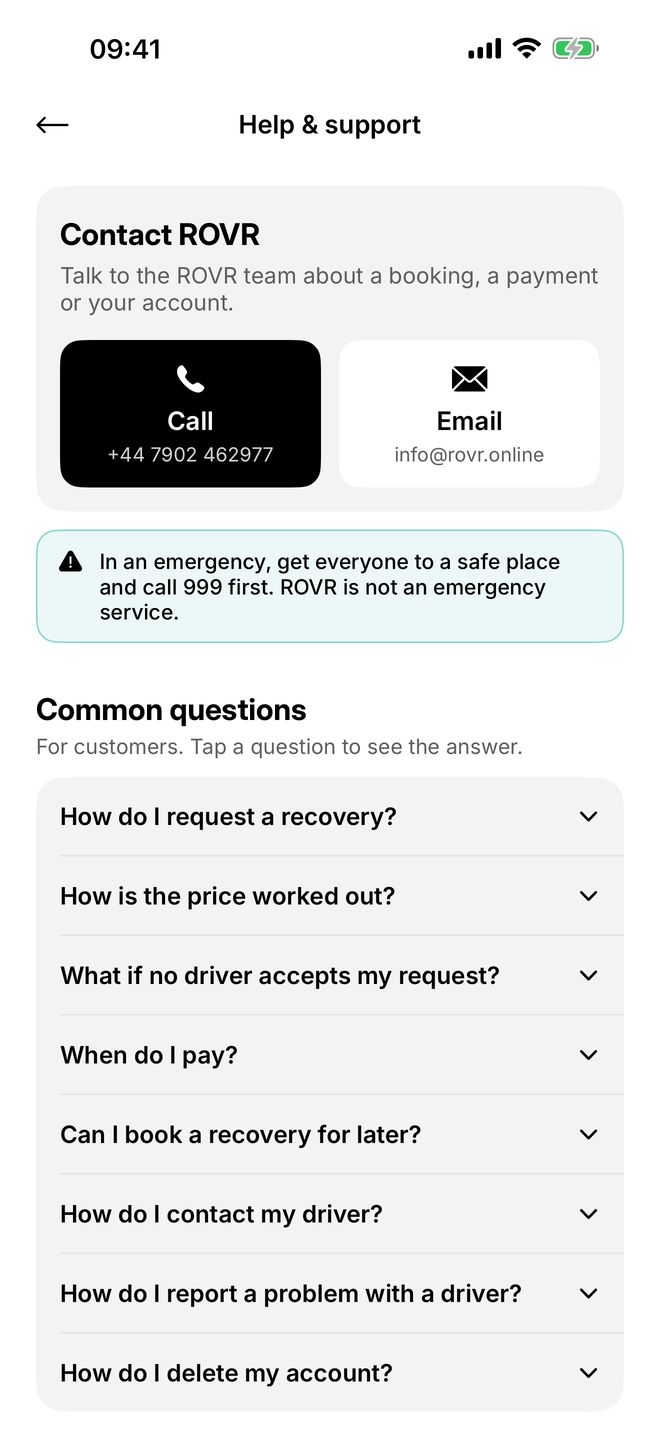 ROVR app Help & support screen: Call and Email buttons, a notice to get to a safe place and call 999 first in an emergency, and common questions.