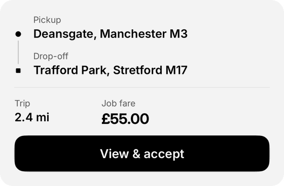 A job card from the ROVR driver app: pickup Deansgate, Manchester, drop-off Trafford Park, Stretford, a 2.4 mile trip, a job fare of £55.00 and a View and accept button.